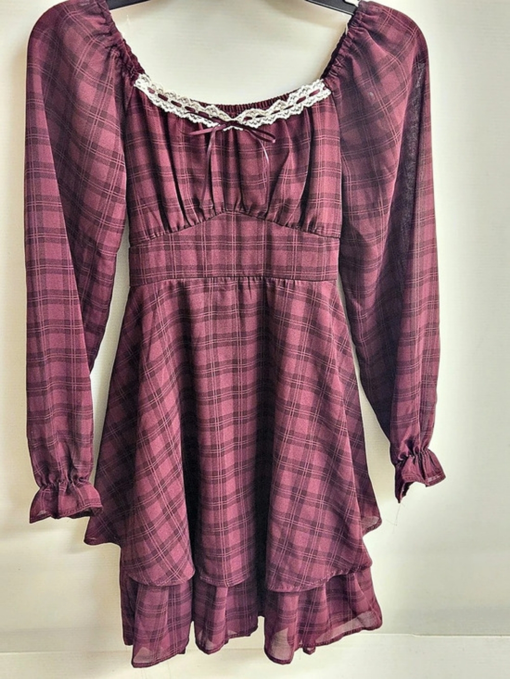 Inspired Hearts Plaid Ruffled Long Sleeve Dress in Mauve Size 8, EPRELC